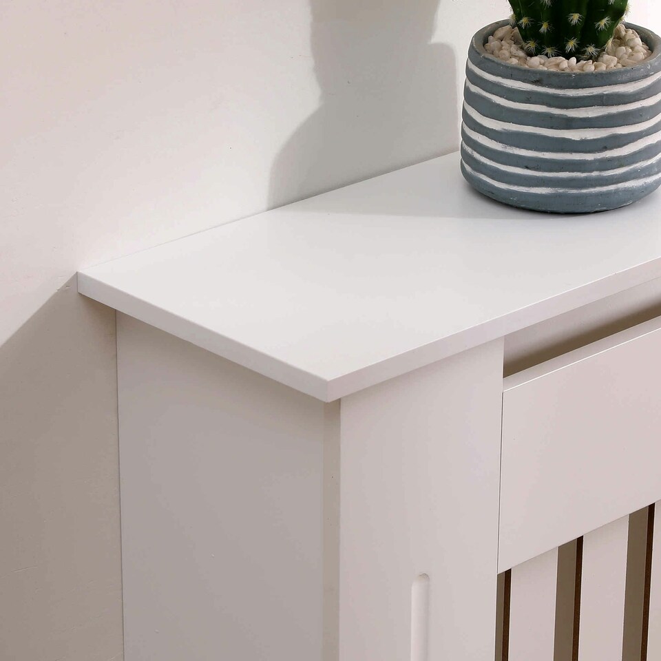image 1 of Oypla Medium White Wooden Slatted Grill Radiator Cover MDF Cabinet