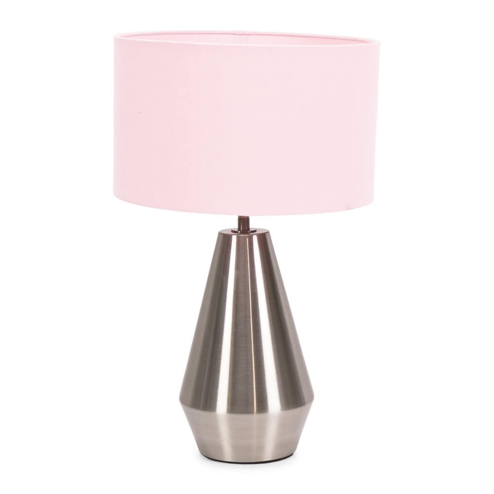 ValueLights Jax Brushed Chrome Dimmable Touch Table Lamp with Fabric Drum Shade & LED Bulb in Baby Pink