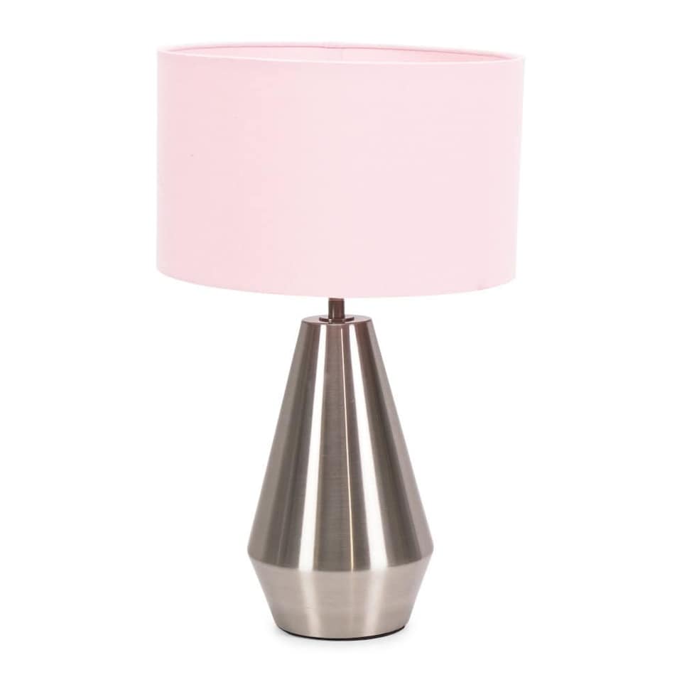 image 1 of ValueLights Jax Brushed Chrome Touch Table Lamp Blush Pink Shade and Bulb