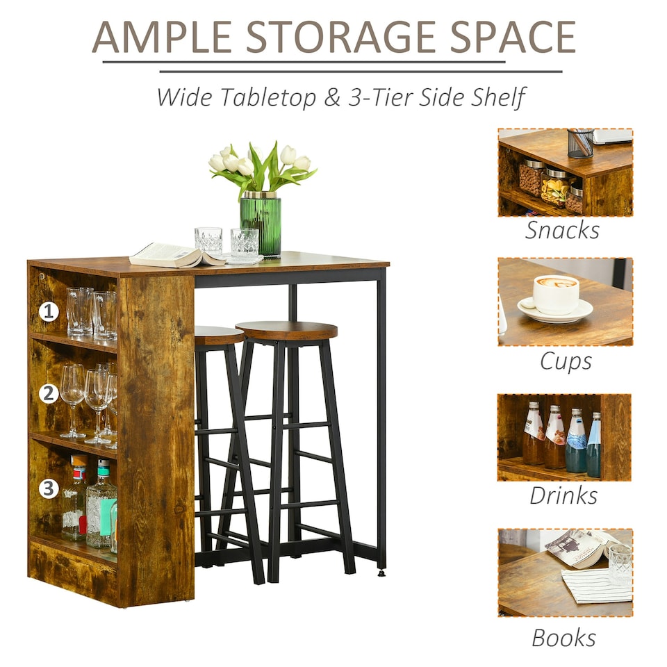 image 1 of HOMCOM 3 Piece Bar Table Set, Bar Height Table with 2 Stools, Storage Shelf