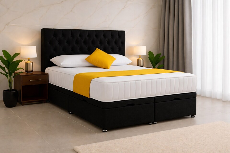 image 1 of Chesterfield Black Plush Velvet End Lift Ottoman Divan Bed 4ft6 Double with Headboard & Mattress