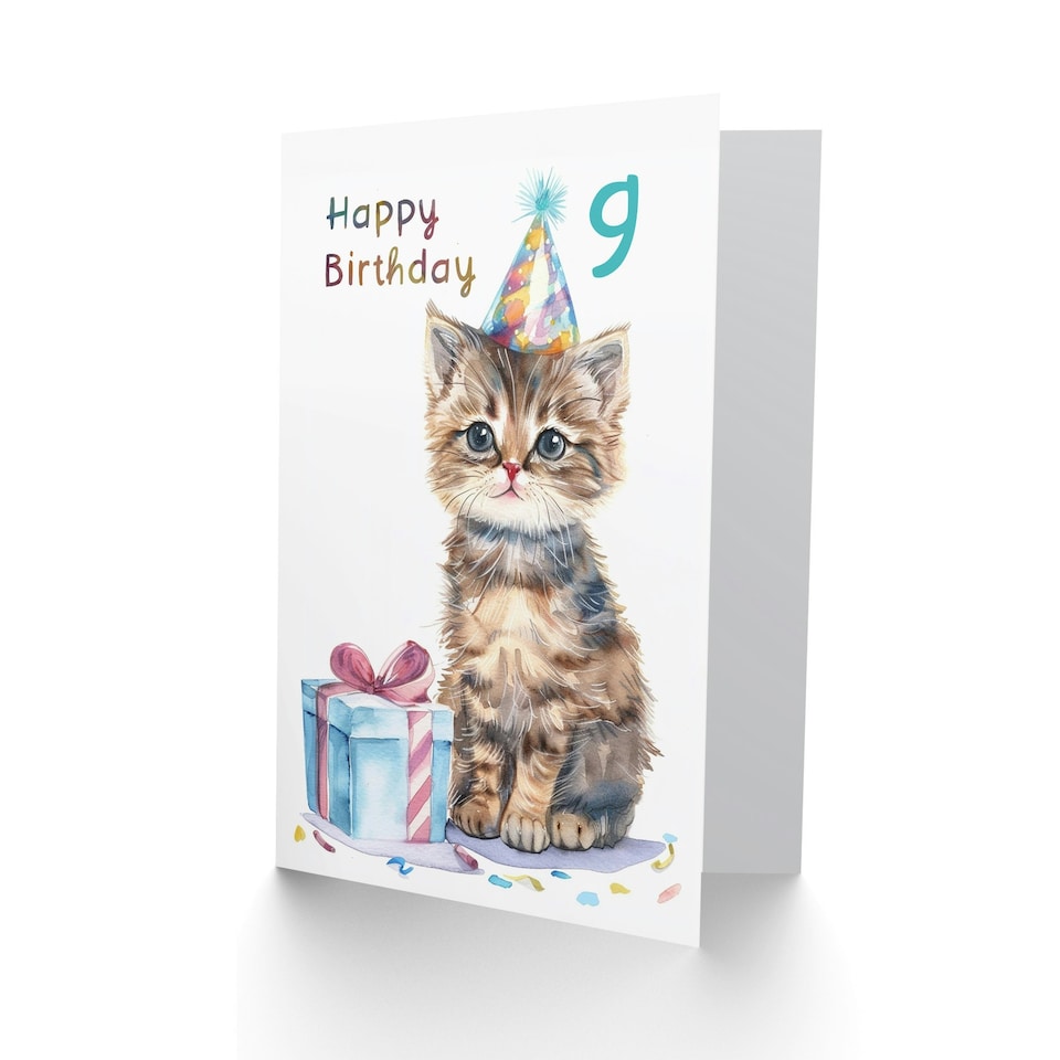image 1 of Cute Baby Cat Kitten Party Hat Kids 9 Year Old Birthday Greeting Card