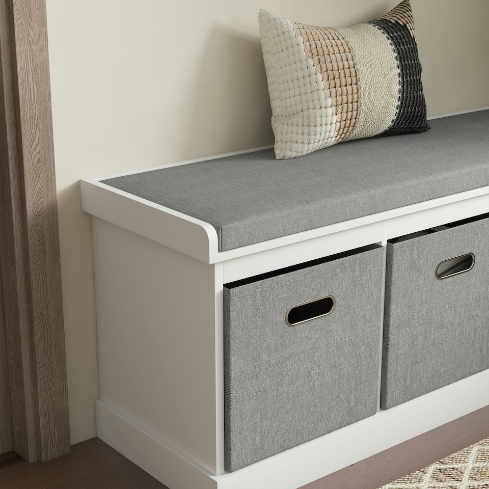 image 1 of HOMCOM Shoe Bench with 3 Fabric Baskets, Shoe Storage Bench with Seat Cushion, Shoe Cabinet for Entryway, Hallway, Living Room, Bedroom | White