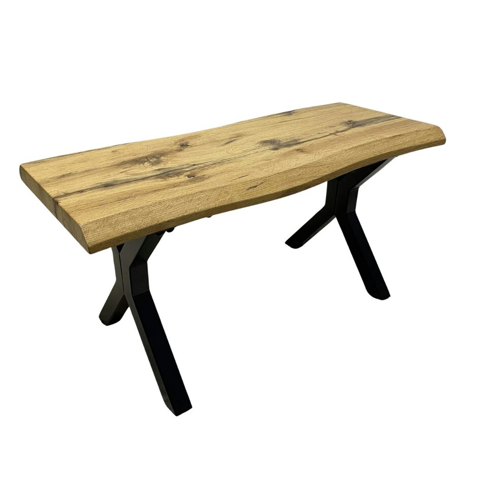 image 1 of Durable Wooden Bench with X-Shaped Iron Legs, Curved Edge for Dining, Work, or Study Brown