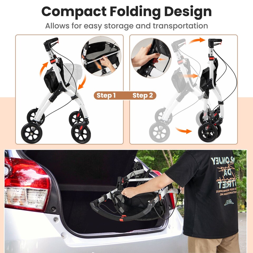 image 1 of COSTWAY Rollator Lightweight Foldable Rolling Walker-White