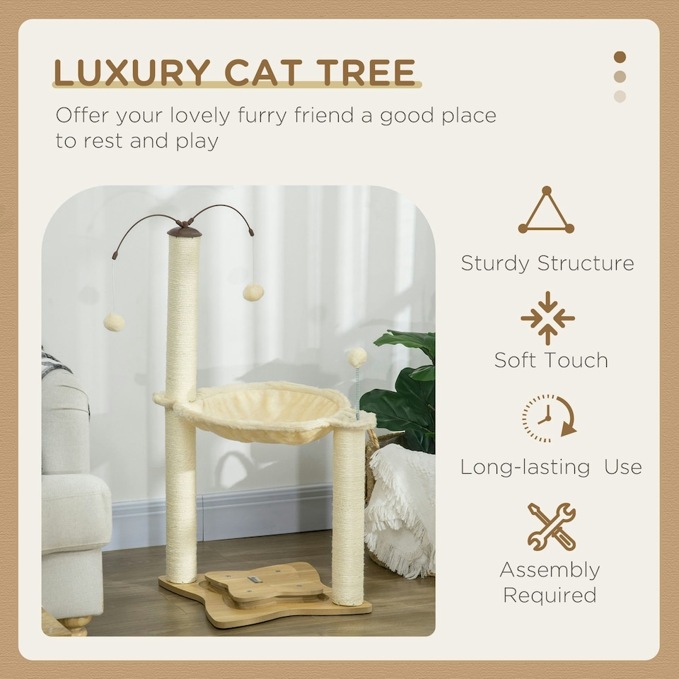 image 1 of PawHut 90cm Cat Tree Tower with Bed, Toy Ball, Scratching Post, Beige