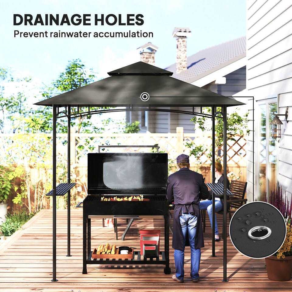 image 1 of Outsunny 2.4 x 1.5 m Grill Gazebo Canopy with LED Lights, Double Tiered Outdoor BBQ Gazebo Shelter with 2 Side Shelves, Storage Basket and Hooks for Garden, Barbecue, Picnic, Dark Grey