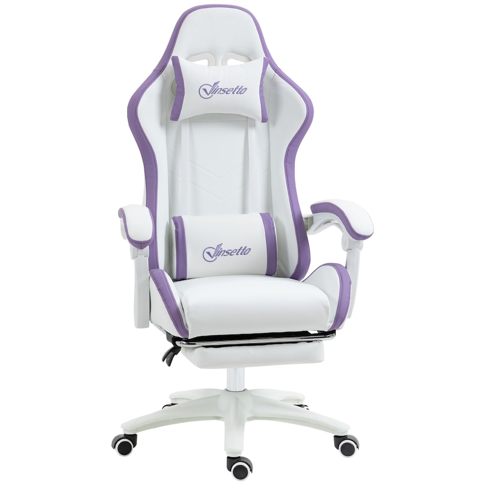 image 1 of Vinsetto Computer Gaming Chair, PU Leather Office Desk Chair with Footrest, Swivel Wheels, 135 Reclining Back, Lumbar Support, Headrest for Home, White and Purple
