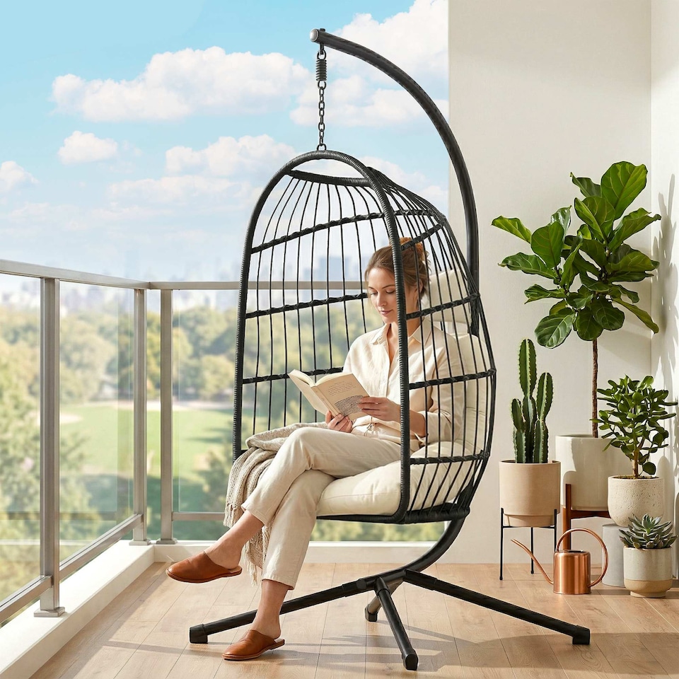 image 1 of Outsunny Hanging Egg Chair, Outdoor Swing Chair with Stand, Black/Cream | Black | Black/Cream White | One Size