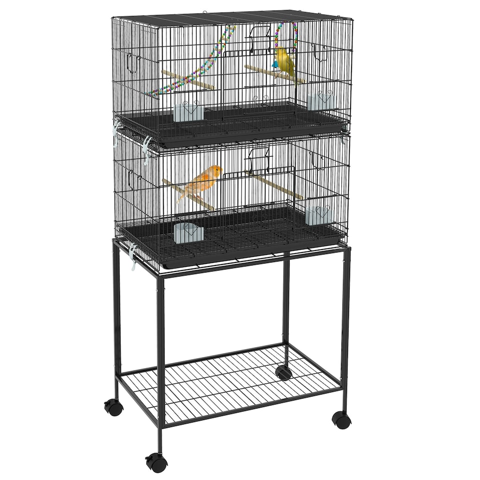 image 1 of PawHut Two-Tier Bird Cage on Wheels w/ Stand, for Canaries