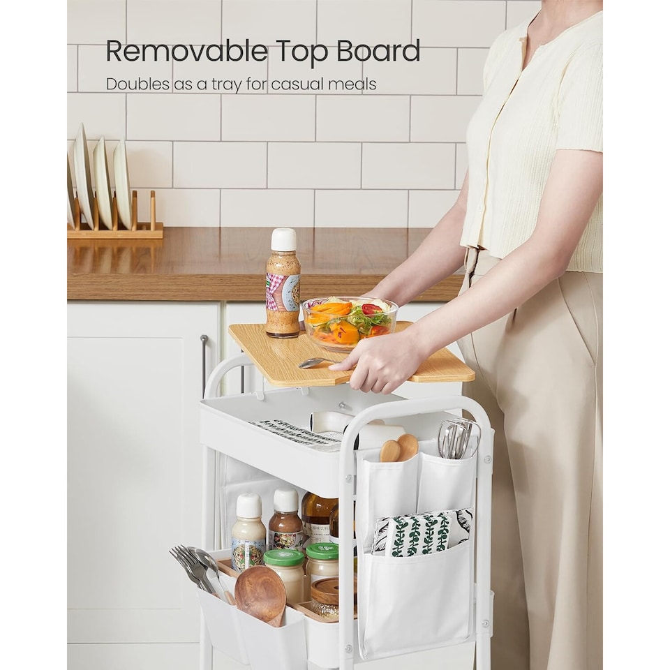 image 1 of 3-Tier Rolling Trolley, Utility Cart with Tabletop, Side Pockets, for Kitchen, Office or Bathroom, Cloud White