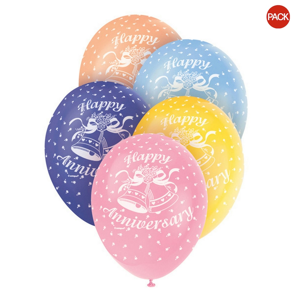 Unique Party 12 Inch Happy Anniversary Assorted Latex Balloons (Pack Of 5) - Multicoloured - Five Packs (25 balloons)