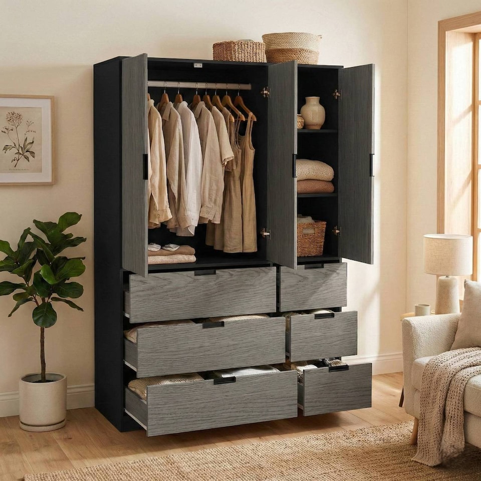 image 1 of RIGA 3 Door 6 Drawer Wardrobe | Black | Black & Cedar Grey | 10 x 44.5 x 79 | 1