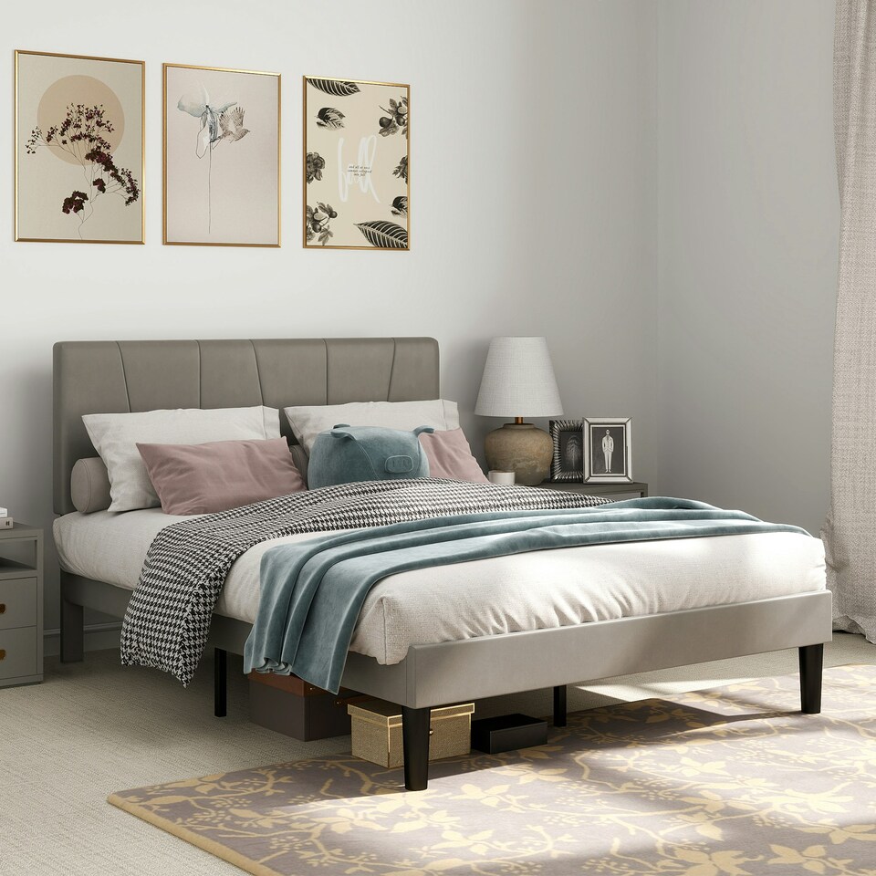 image 1 of HOMCOM King Size Bed Frame with 5-Level Adjustable Headboard Wooden Slats