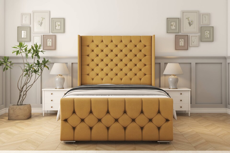 image 1 of Sloomy Luthor Mustard Plush Bed Frame With Mattress With 50"  Upholstered Wingback Headboard 4'6 Double