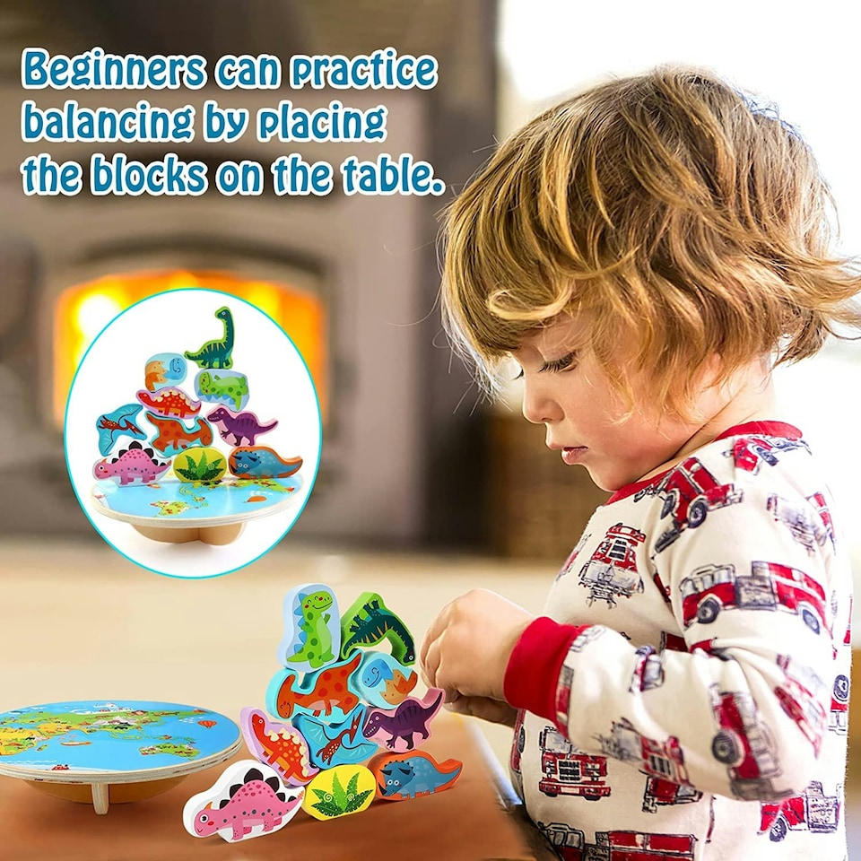 image 1 of Wooden Dinosaur Stacking Balance Toy -Animal Balance Blocks with Dice, Wooden Rocker Board & 10 Dinosaur Shapes, Educational Fine-Motor Skill Game