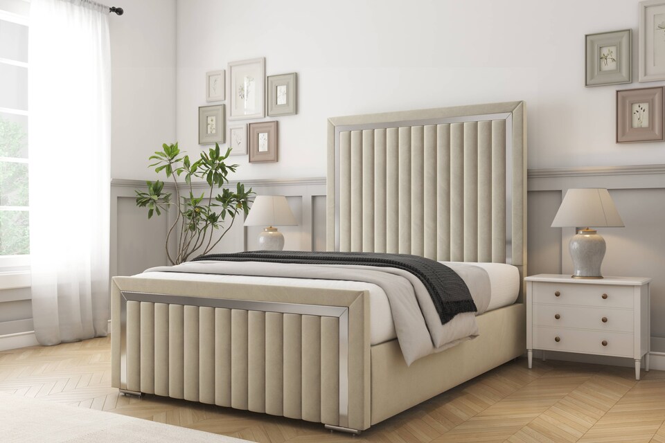 image 1 of Sloomy Boston Chrome Cream Plush Bed Frame With Mattress With 50" Upholstered Headboard 5' King