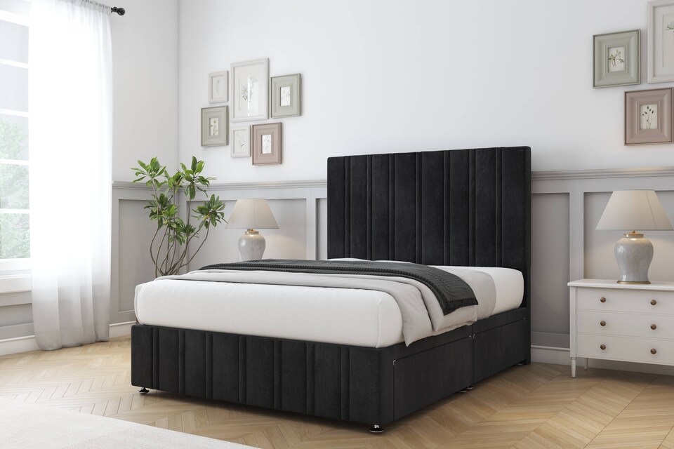 image 1 of Sloomy Langston Black Naples Divan Bed Base No Drawers With 54 Inch Floor Standing Headboard & 12 Inch Matching Footboard | Black | Black | Double | 1