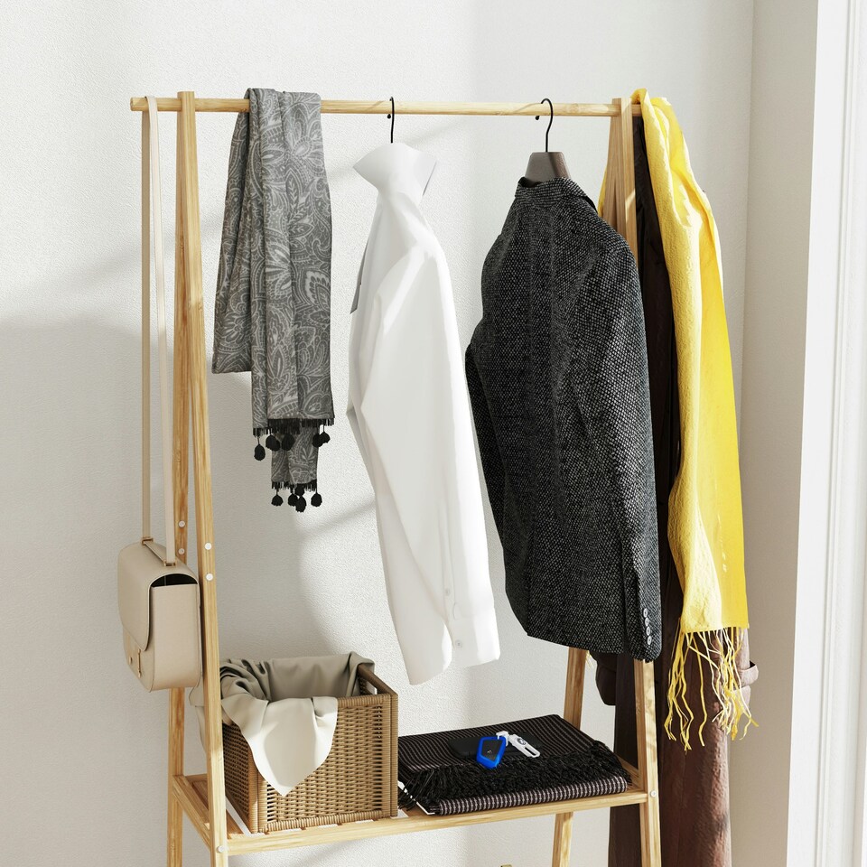 image 1 of HOMCOM Bamboo Clothes Rail Rack with 2 Storage Shelves, Natural Wood Effect
