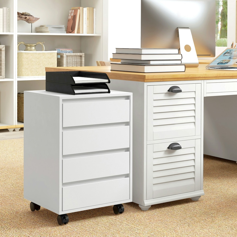 image 1 of HOMCOM Mobile Vertical Filing Cabinet with 4 Drawers for Home Office, White White