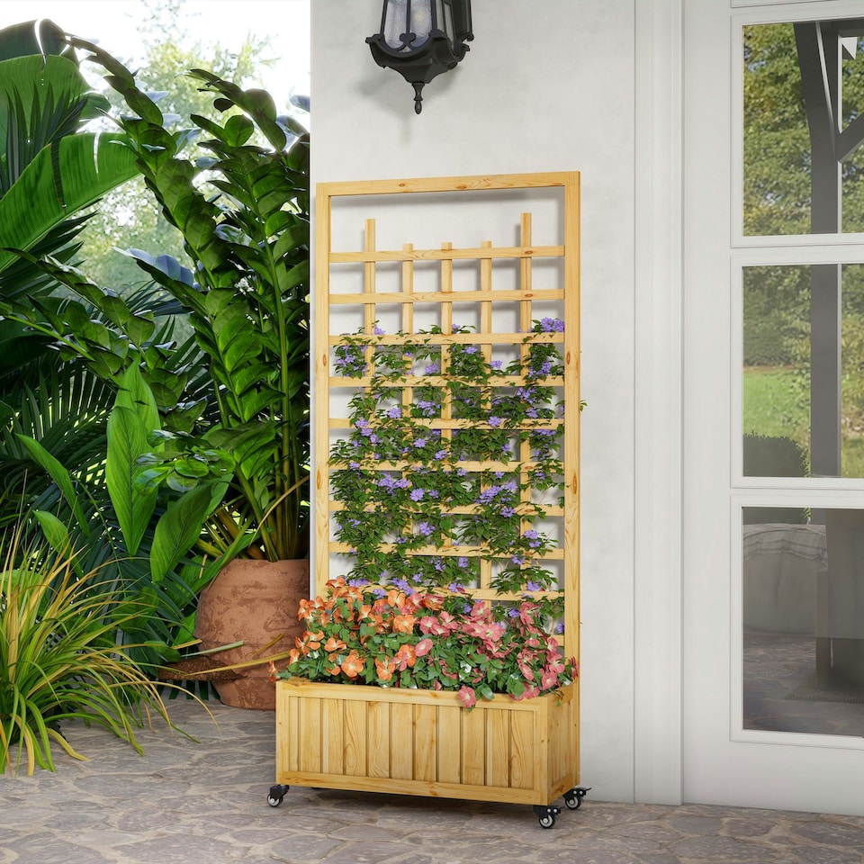 image 1 of Outsunny Wooden Trellis Planter, Raised Garden Bed with Wheels, Natural