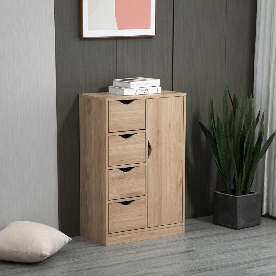 image 1 of HOMCOM Bathroom Floor Cabinet, Freestanding Storage Unit with 4 Drawers and Door Cupboard for Living Room, Kitchen, Bedroom, Natural