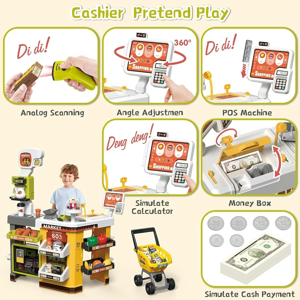 image 1 of 65PCS Supermarket Cart Toys Play Set with Cash Register Scanner Play Food Light Music and Smoke Effects