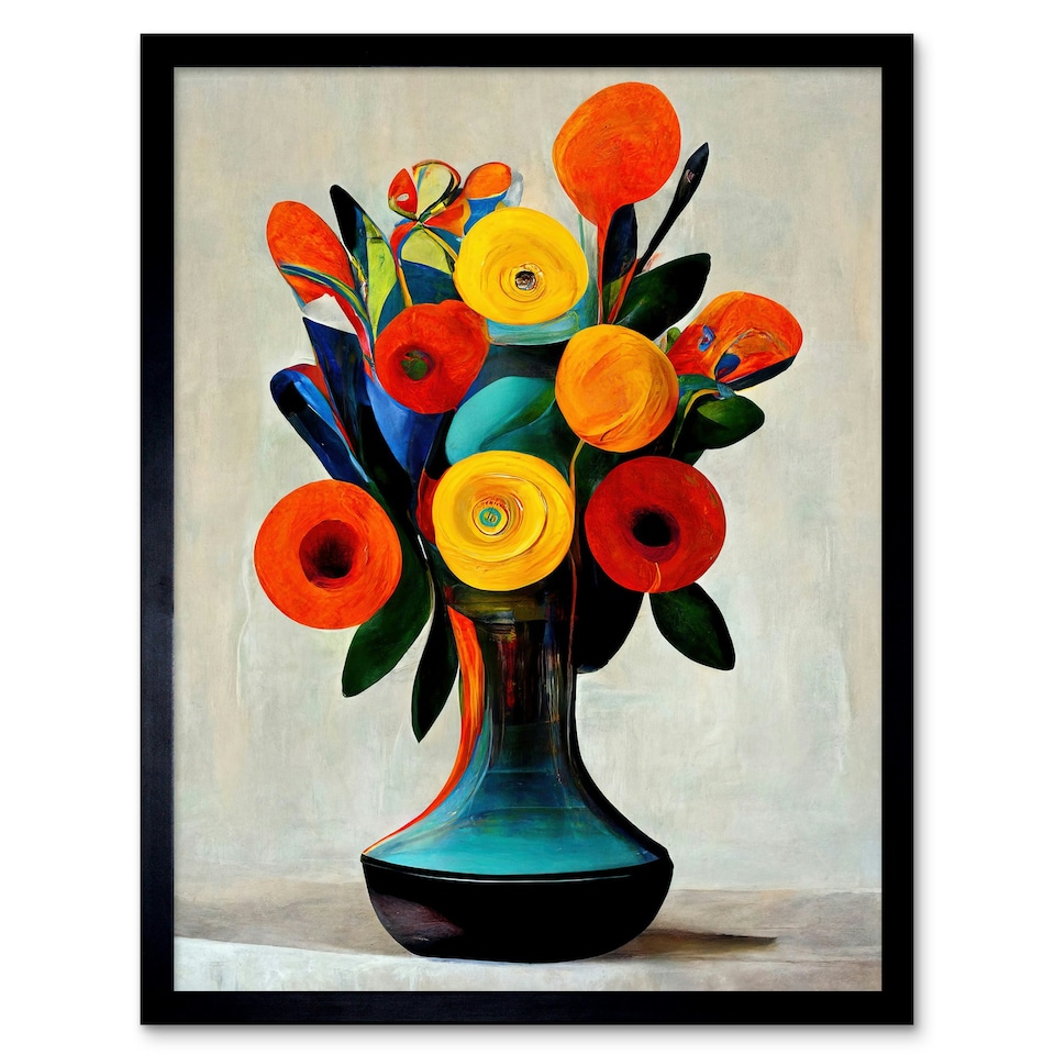 image 1 of Mid Century Style Bright Floral Bouquet Flowers Orange Framed Wall Art Print