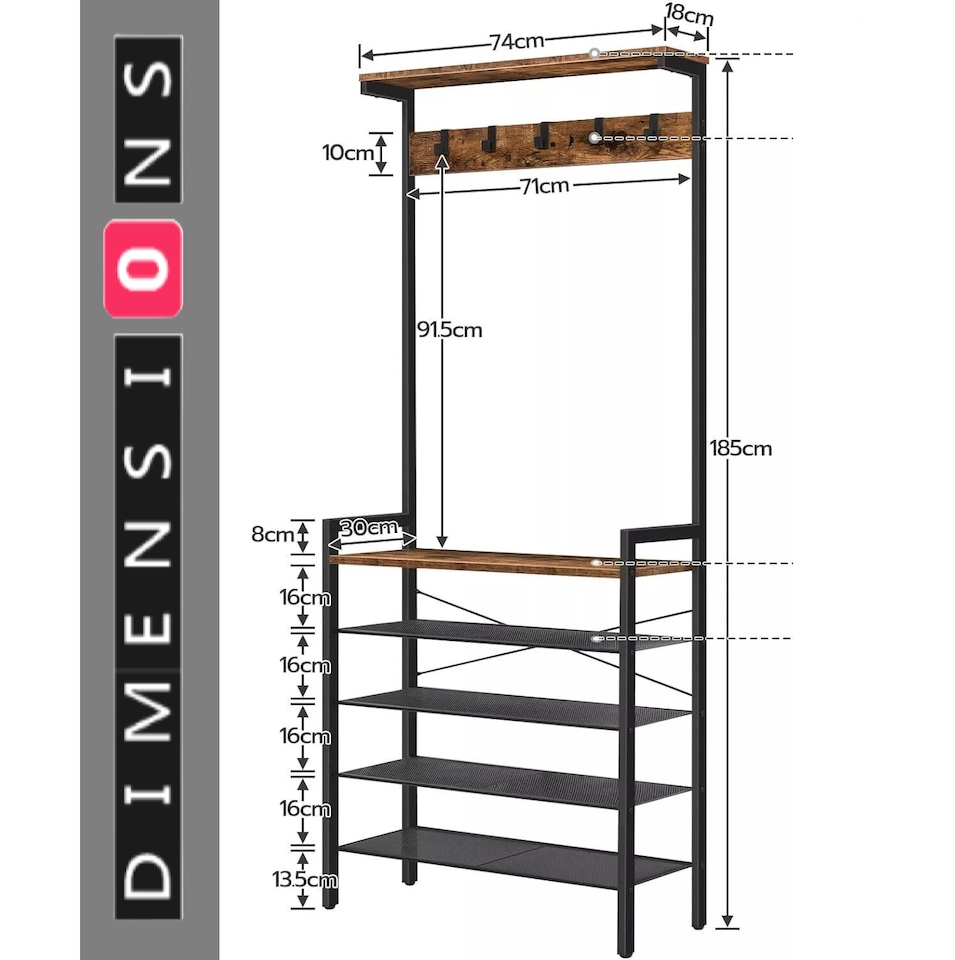 image 1 of Entryway Coat Rack Stand with Shoe Storage Shelves – Industrial Hallway Organiser