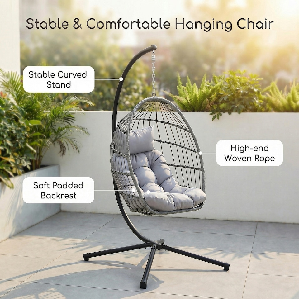 image 1 of Alivio Hanging Egg Chair with Cushion for Indoor and Outdoor Use, Swing Basket Chair for Patio, Garden, and Balcony (Grey)