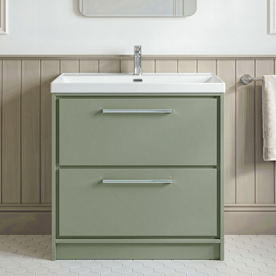 image 1 of Balterley Modern Bathroom 2 Soft Close Drawer Floor Standing Vanity Unit & Rectangular Basin | Green | Reed Green | 1