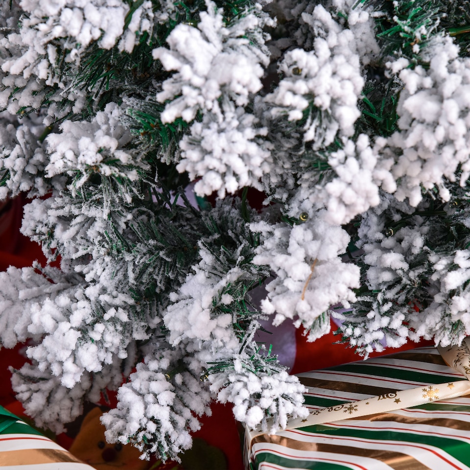 image 1 of HOMCOM 4FT Prelit Artificial Snow Flocked Christmas Tree with Warm White LED Light, Holiday Home Xmas Decoration, Green White