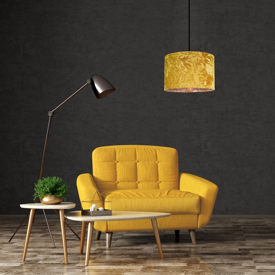image 1 of Modern Ochre/Mustard Crushed Velvet 12" Table/Pendant Shade with Copper Inner | Yellow | Ochre | 1