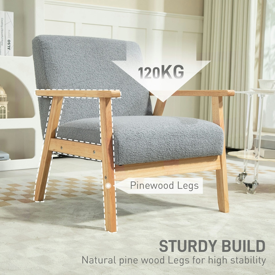 image 1 of HOMCOM Accent Chair with Wood Frame Wide Seat Cashmere Armchair Grey