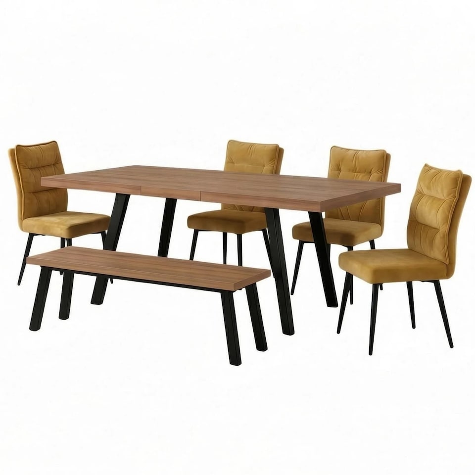 image 1 of 6-Piece Dining Set, Expandable Dining Table with 4 Brown Padded Chairs+Bench