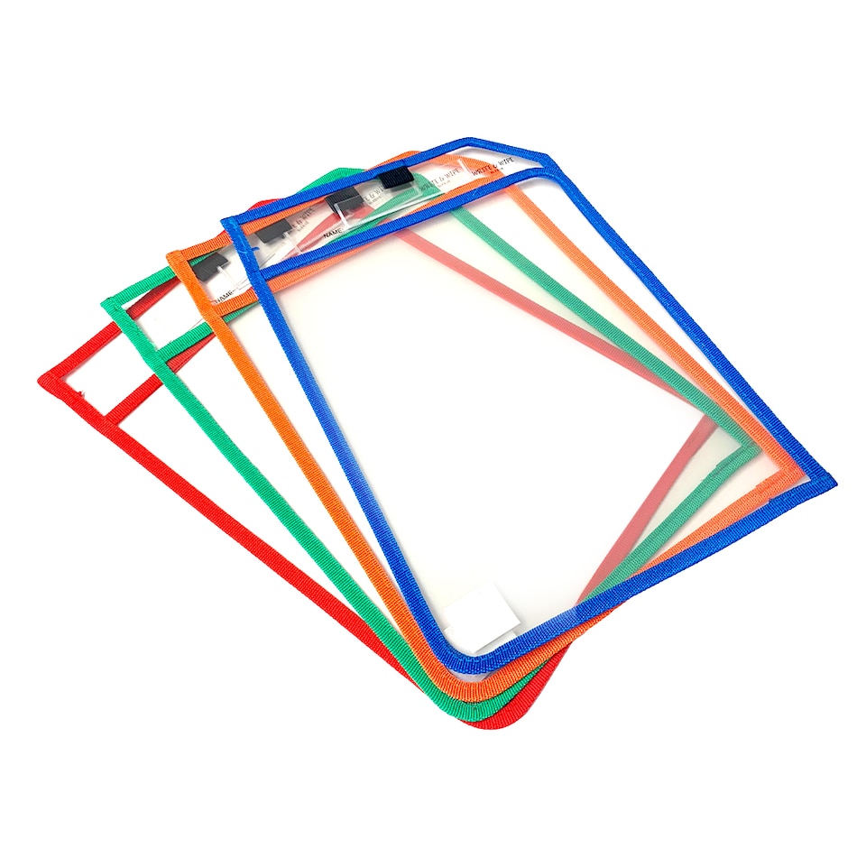 image 1 of Pack of 4 Assorted Coloured Edge Clear Dry Erase Write and Wipe Reusable Sleeve Pockets