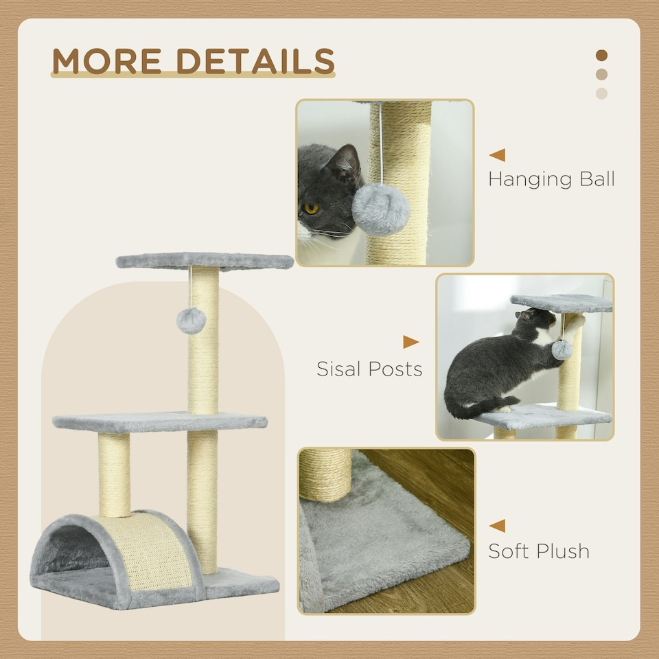 image 1 of PawHut 72cm Cat Tree Tower with Scratching Post Perch, Indoor, Light Grey