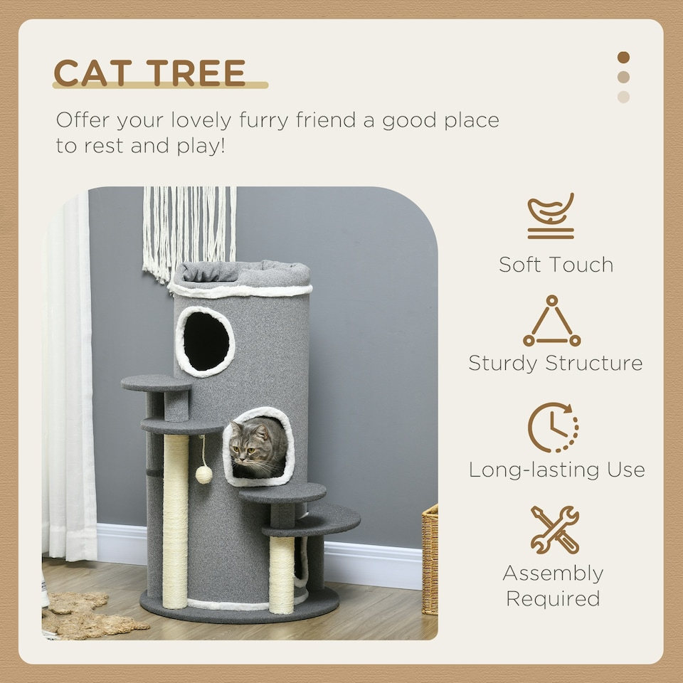 image 1 of PawHut 3 Tier Barrel Cat Tree with Sisal Scratching Post Cat Bed, Grey