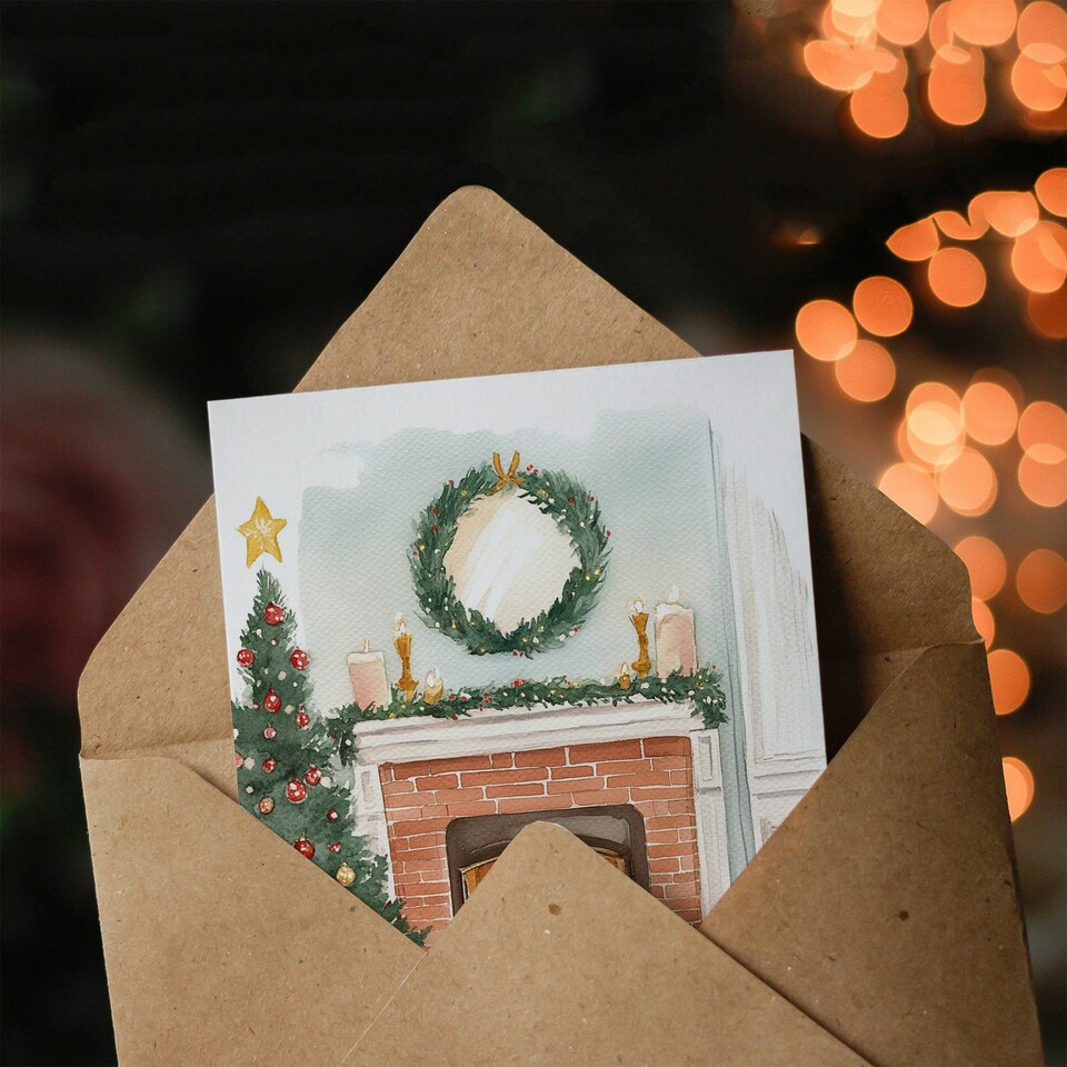 image 1 of Brick Fireplace Presents Tree Wreath Blank For Him Or Her Art Xmas Festive Christmas Card