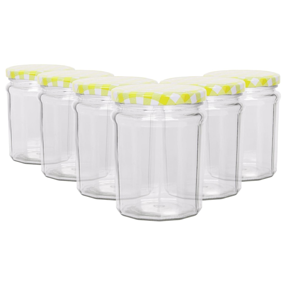 image 1 of Argon Tableware Glass Jam Jars with Yellow Gingham Lids - 380ml - Pack of 6