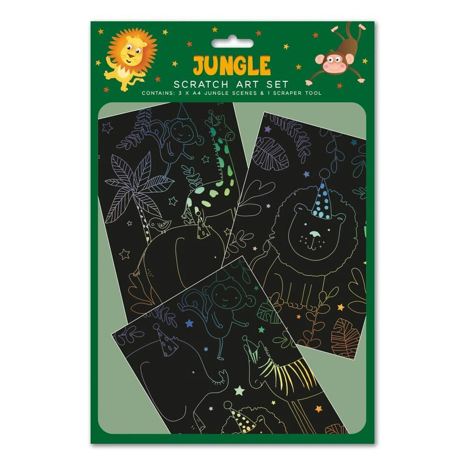 image 1 of Pack of 3 A4 Jungle Scene Scratch Art with Scraper Tool