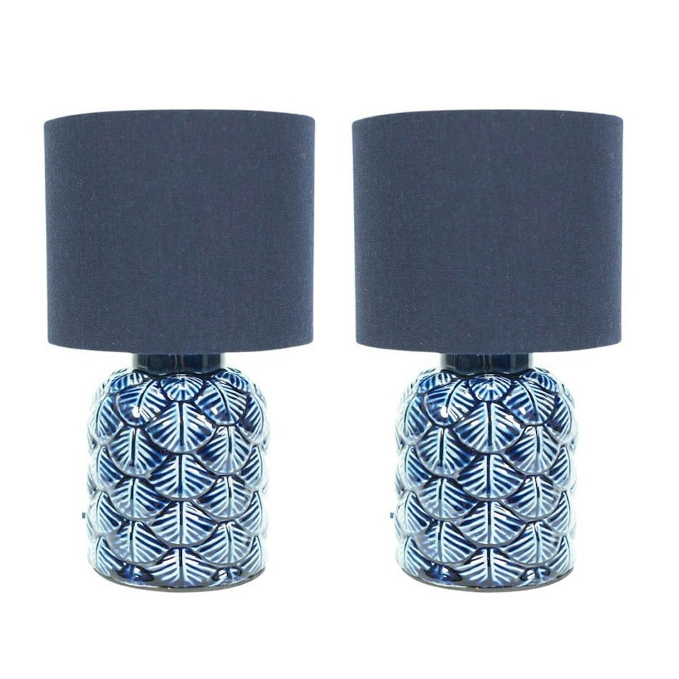 image 1 of ValueLights Priyah Set of 2 - Navy Blue Textured Scallop Effect Ceramic Table Lamp with Drum Shade | Blue