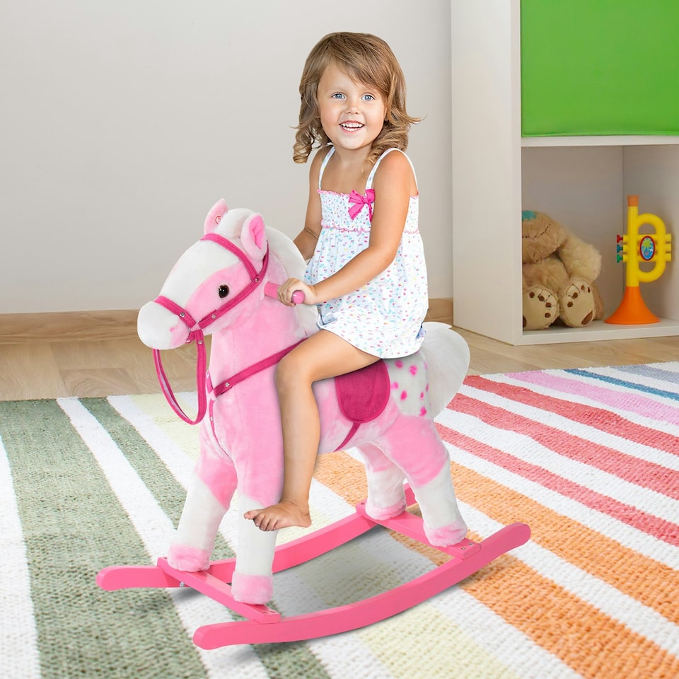 image 1 of HOMCOM Rocking Horse Toy Plush Wood Pony Riding Rocker Neigh Sound Pink