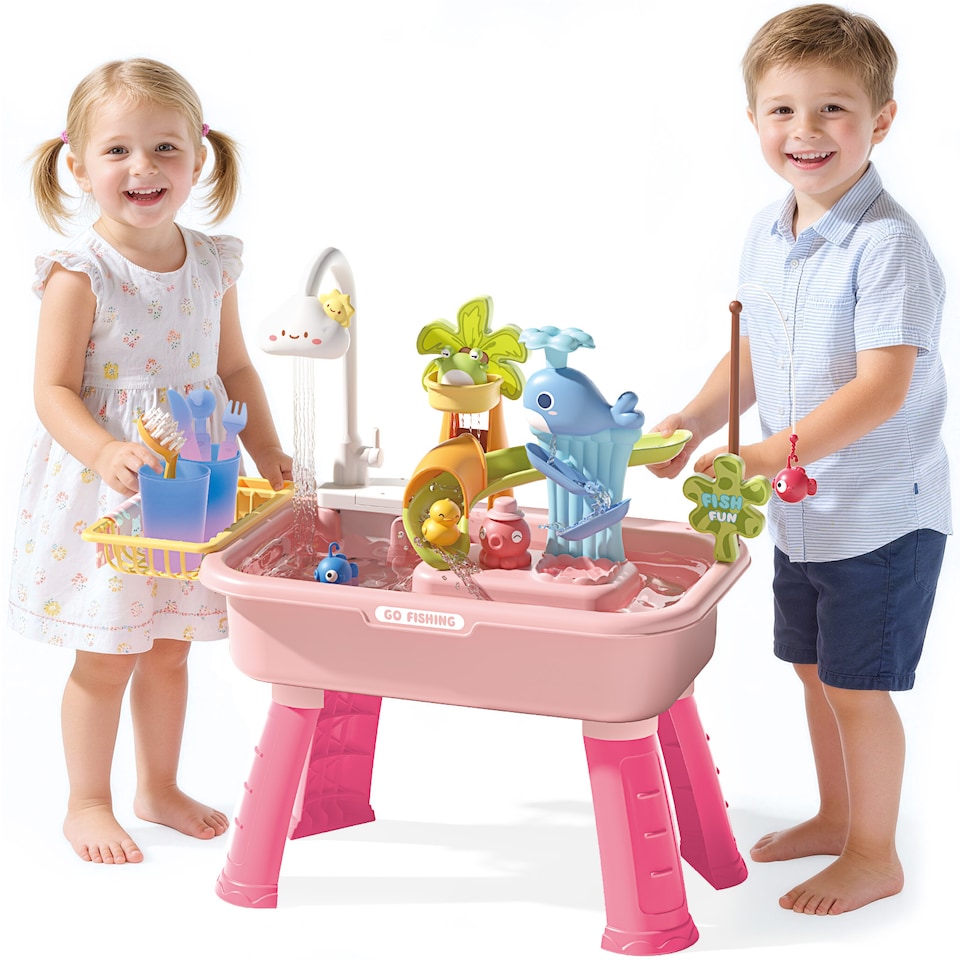 image 1 of 2 in 1 Beach Table & Simulation Kitchen Sink Toy Set with Water Supply Function and Color-Changing Tableware - Pink