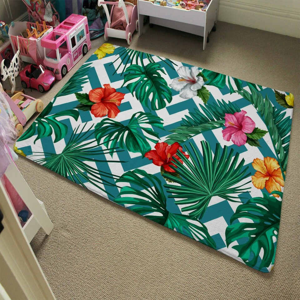 image 1 of Tropical Leaves & Geometrics (Rug) Green | Large: 140x200cm