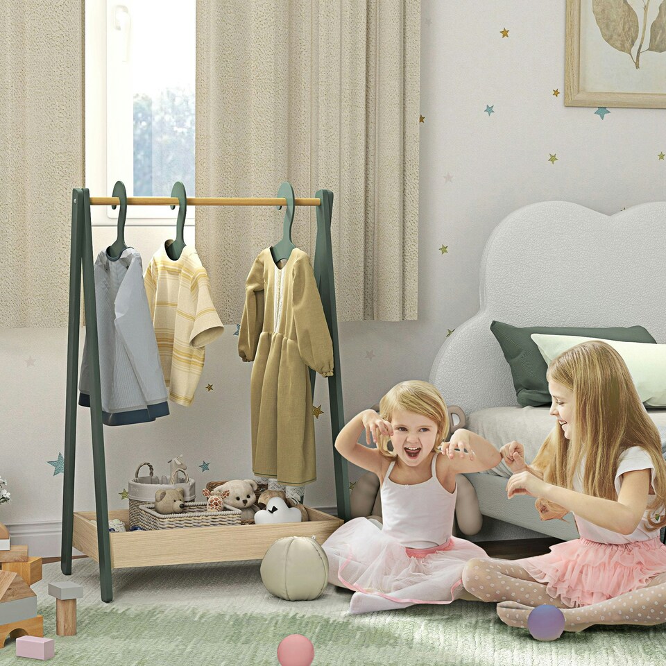image 1 of AIYAPLAY Kids Clothes Rail with Hangers, Base Shelf for Girls, Boys, Green