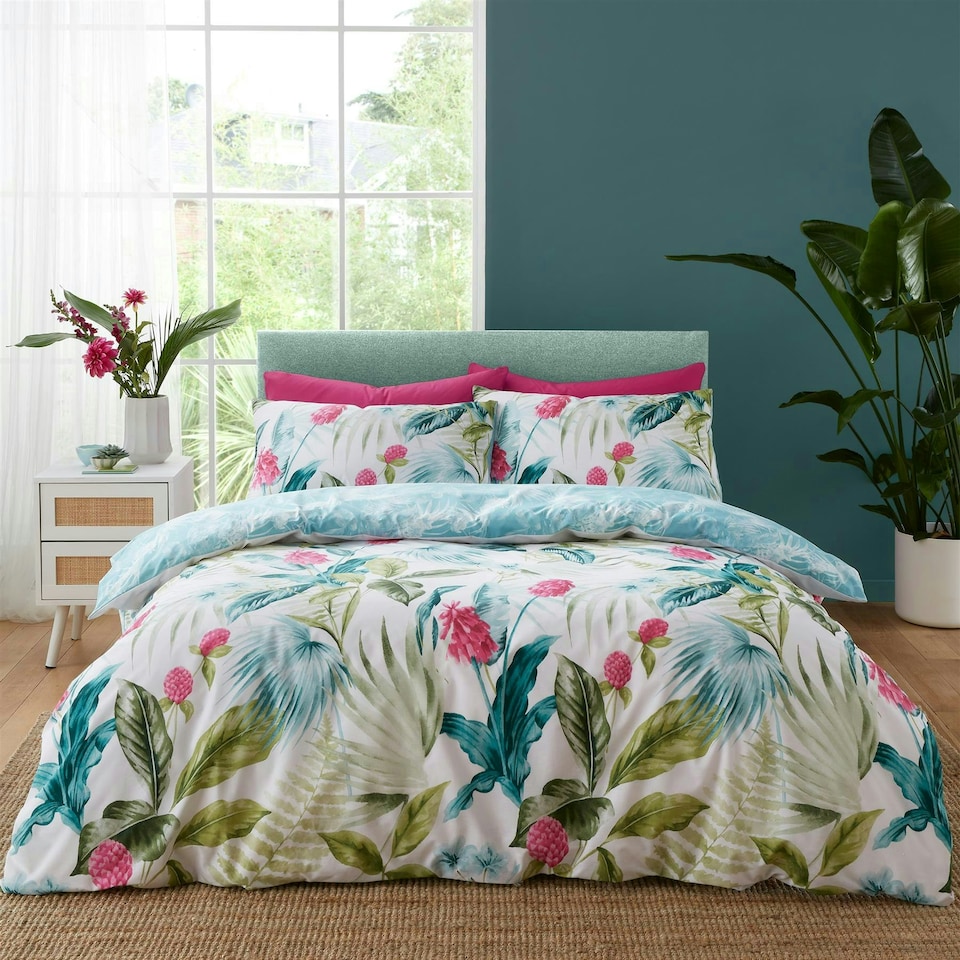 image 1 of Aruba Tropical Floral Reversible Duvet Cover Set | Green