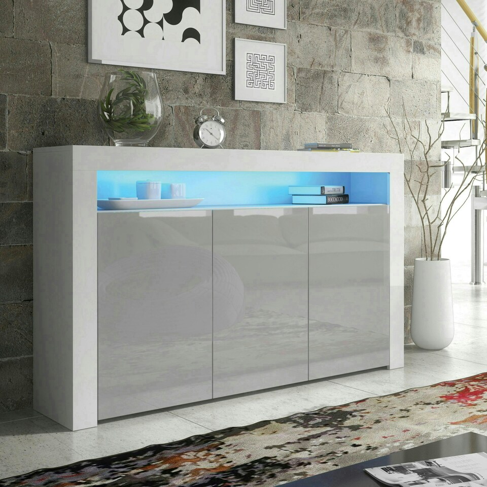 image 1 of Sideboard 155cm Grey Gloss Doors White Matt Body Free LED Shelf White | Grey