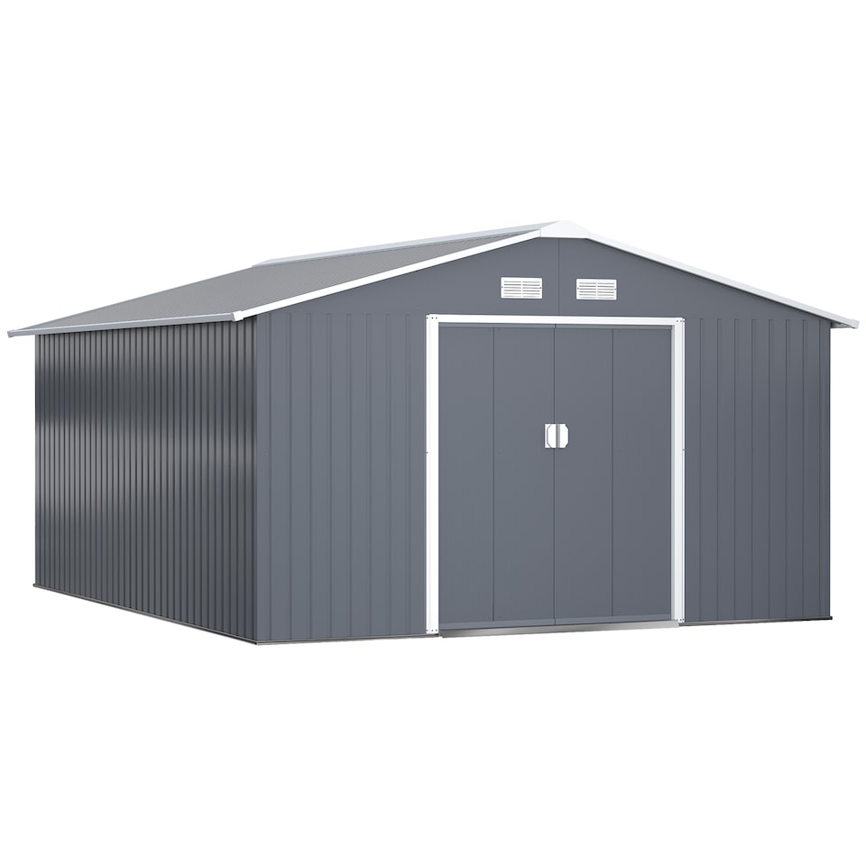 image 1 of Outsunny 13 x 11ft Metal Garden Shed, Outdoor Storage Tool House with Ventilation Slots, Foundation Kit and Lockable Double Doors, Grey
