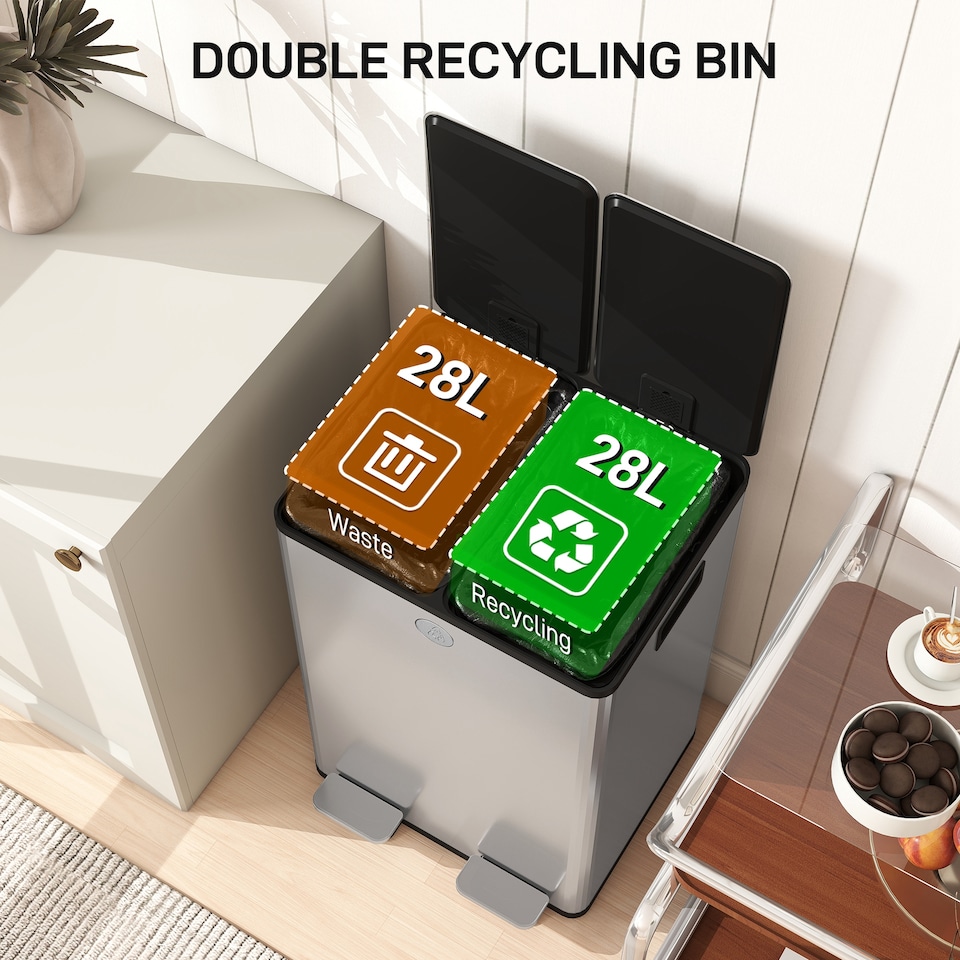 image 1 of HOMCOM Dual Kitchen Bin, 2 x 28L Stainless Steel Double Rubbish Bin with Soft Close Lid, Removable Inner Buckets, Fingerprint-Proof for Recycling and Waste, Silver Tone | Silver | Silver